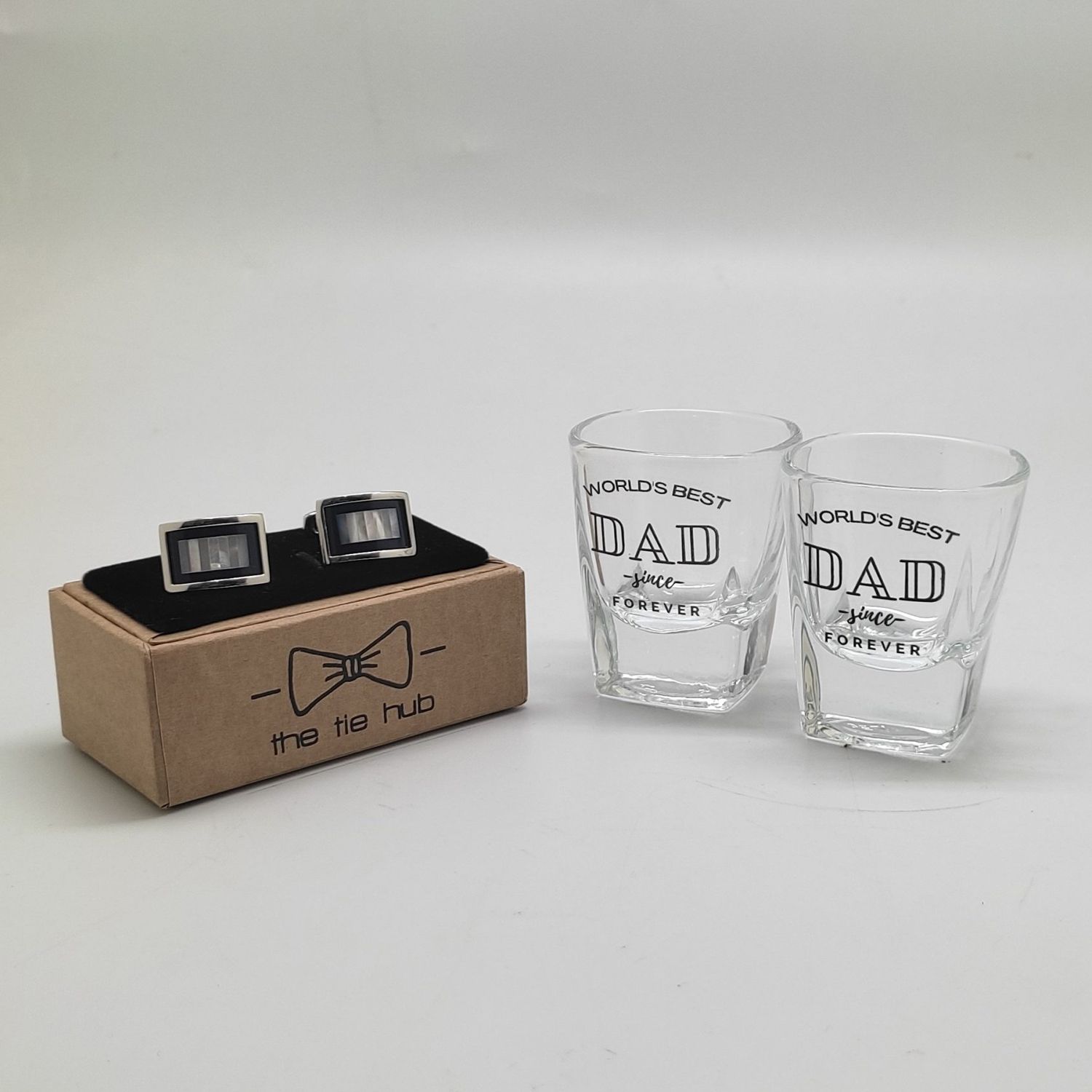 Shot Glasses and Black MOP Curved Cufflinks