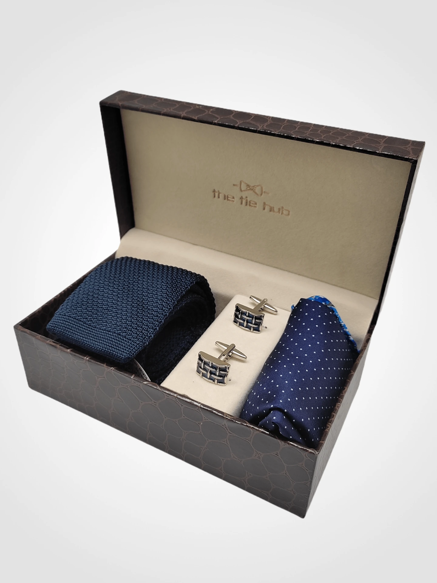 Blue Knitted Necktie with Cufflink and Pocket Square Gift Set