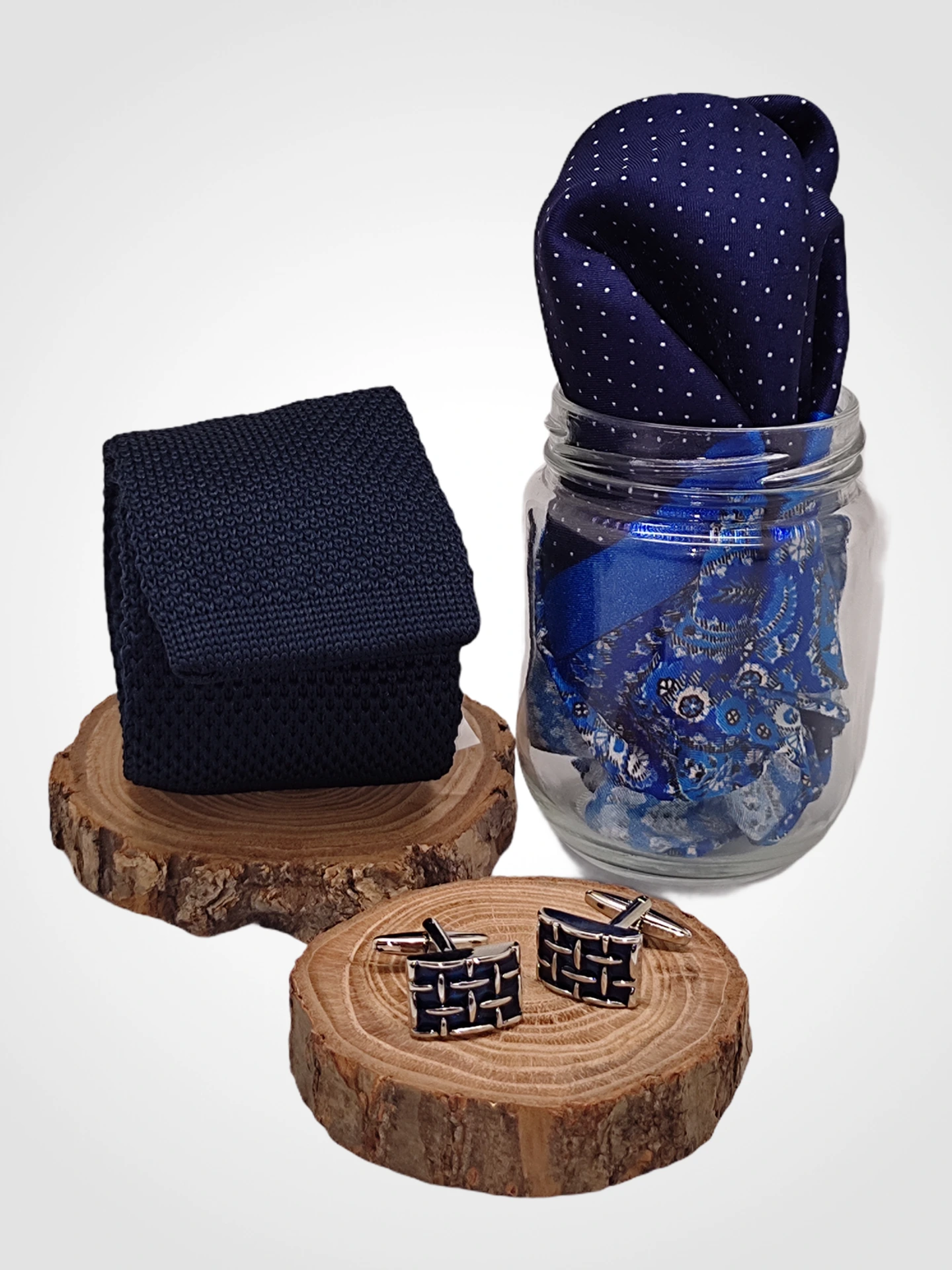 Blue Knitted Necktie with Cufflink and Pocket Square Gift Set