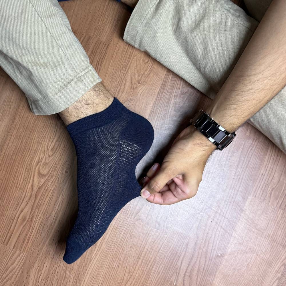Solid Navy Blue Cotton Ankle Socks - Breathable Low-Cut Casual Socks for Men | Anti-Sweat & Anti-Friction | Spring-Summer Comfort