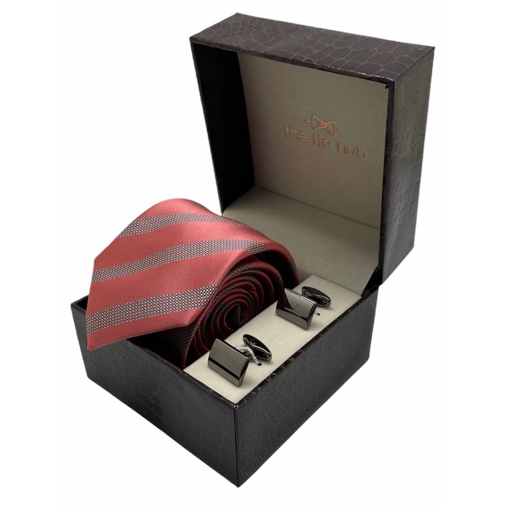 Pink Stripe Microfiber Necktie with Gunmetal Curved Rectangular Cufflinks | Combo Set for Men