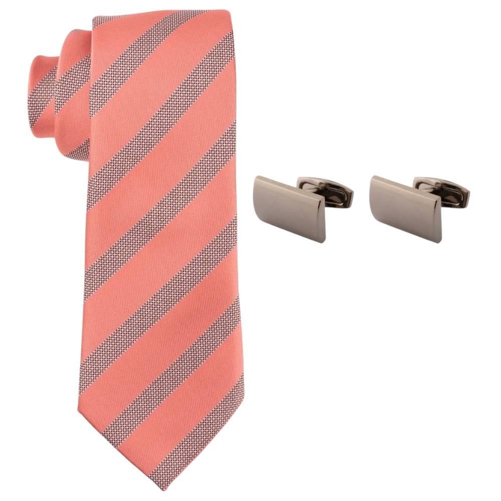 Pink Stripe Microfiber Necktie with Gunmetal Curved Rectangular Cufflinks | Combo Set for Men
