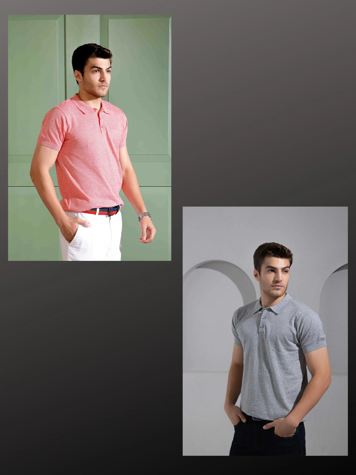 Men's Regular Fit Solid Coral and Grey Flat Knit Polo T-Shirt | Polo T Shirts For Men (Pack of 2)