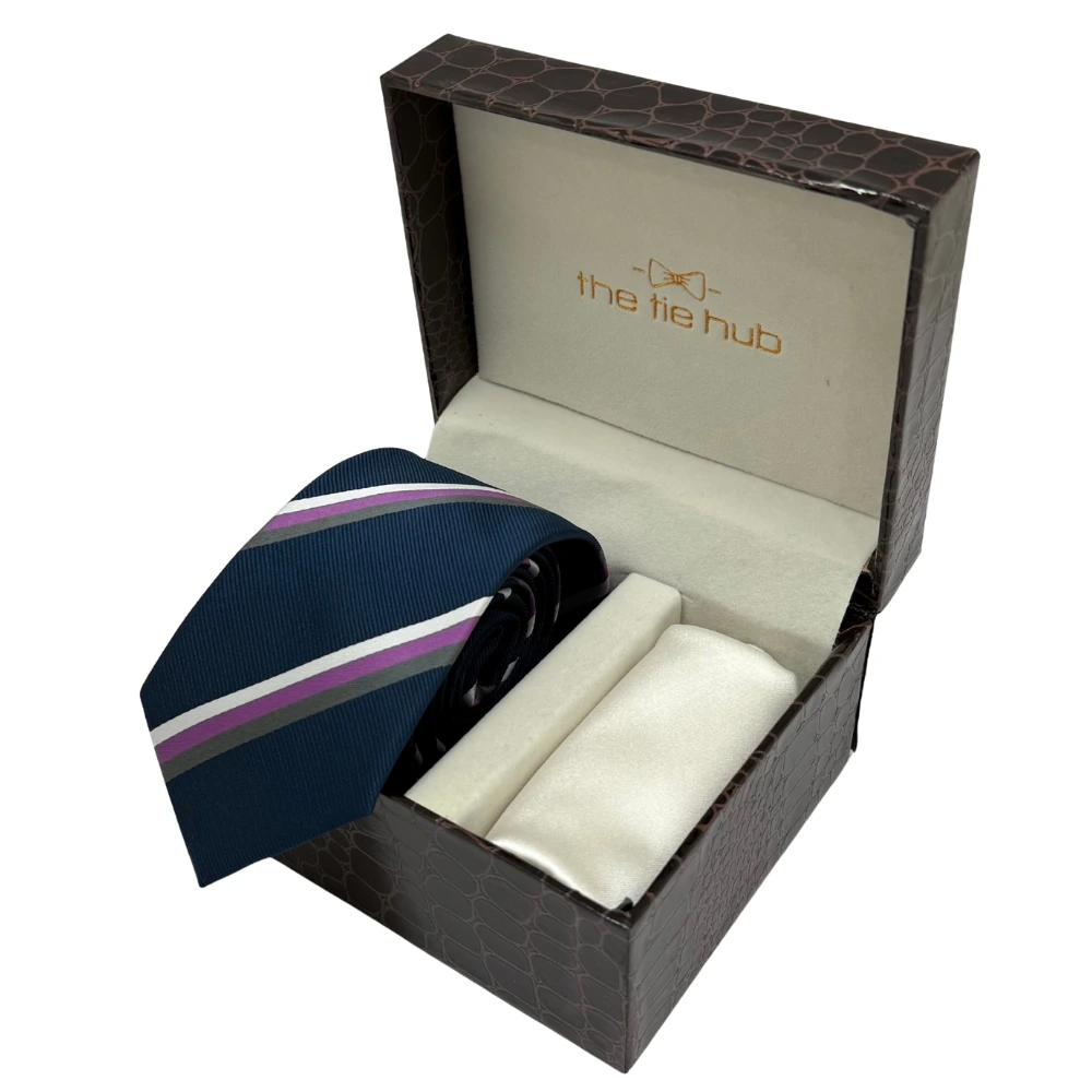 Navy Blue with Purple Stripe Microfiber Microfiber Necktie with Solid Pocket Square Combo Set for Men