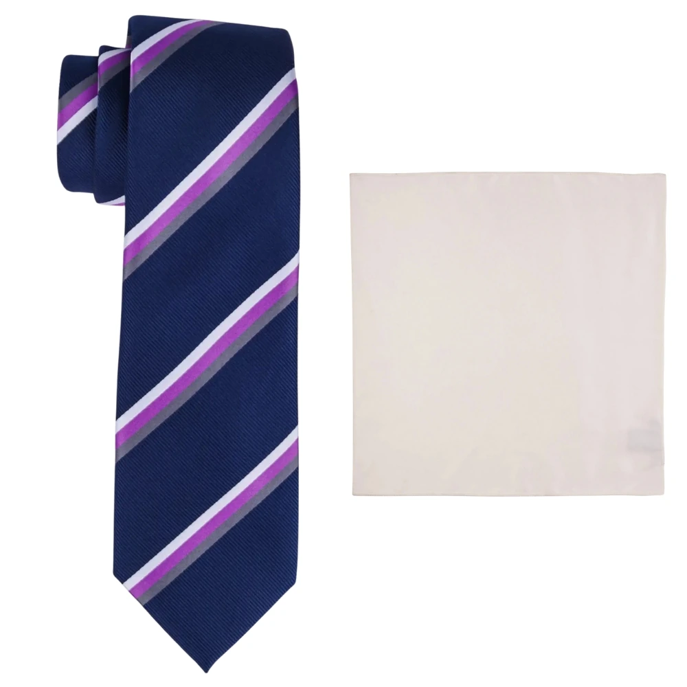 Navy Blue with Purple Stripe Microfiber Microfiber Necktie with Solid Pocket Square Combo Set for Men