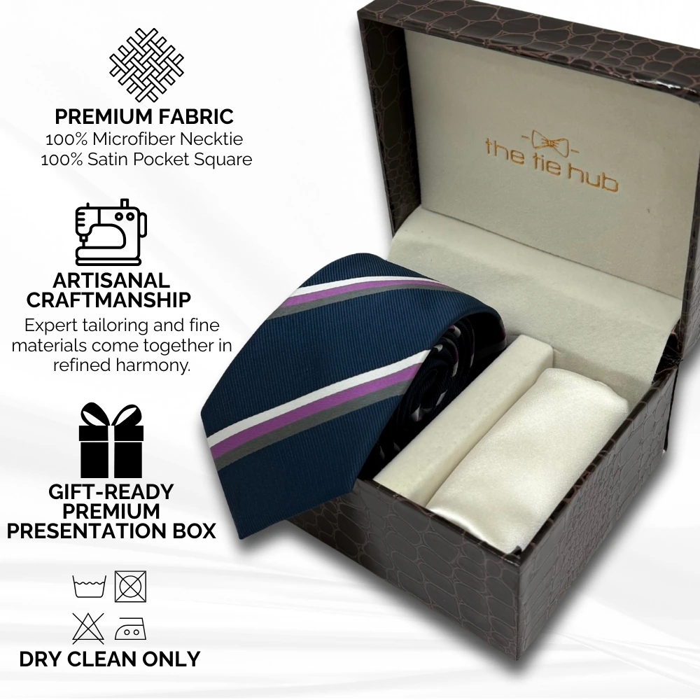 Navy Blue with Purple Stripe Microfiber Microfiber Necktie with Solid Pocket Square Combo Set for Men