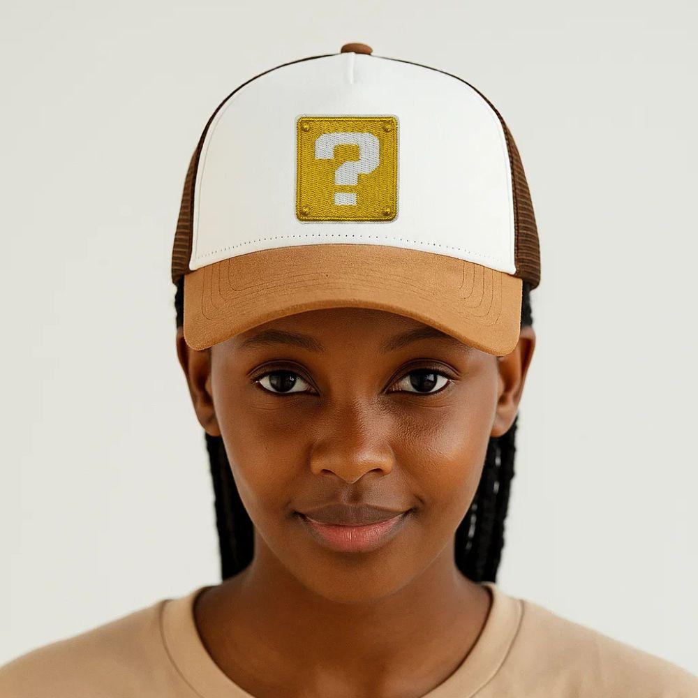 White & Brown Question Mark Logo Trucker Cap for Men & Women