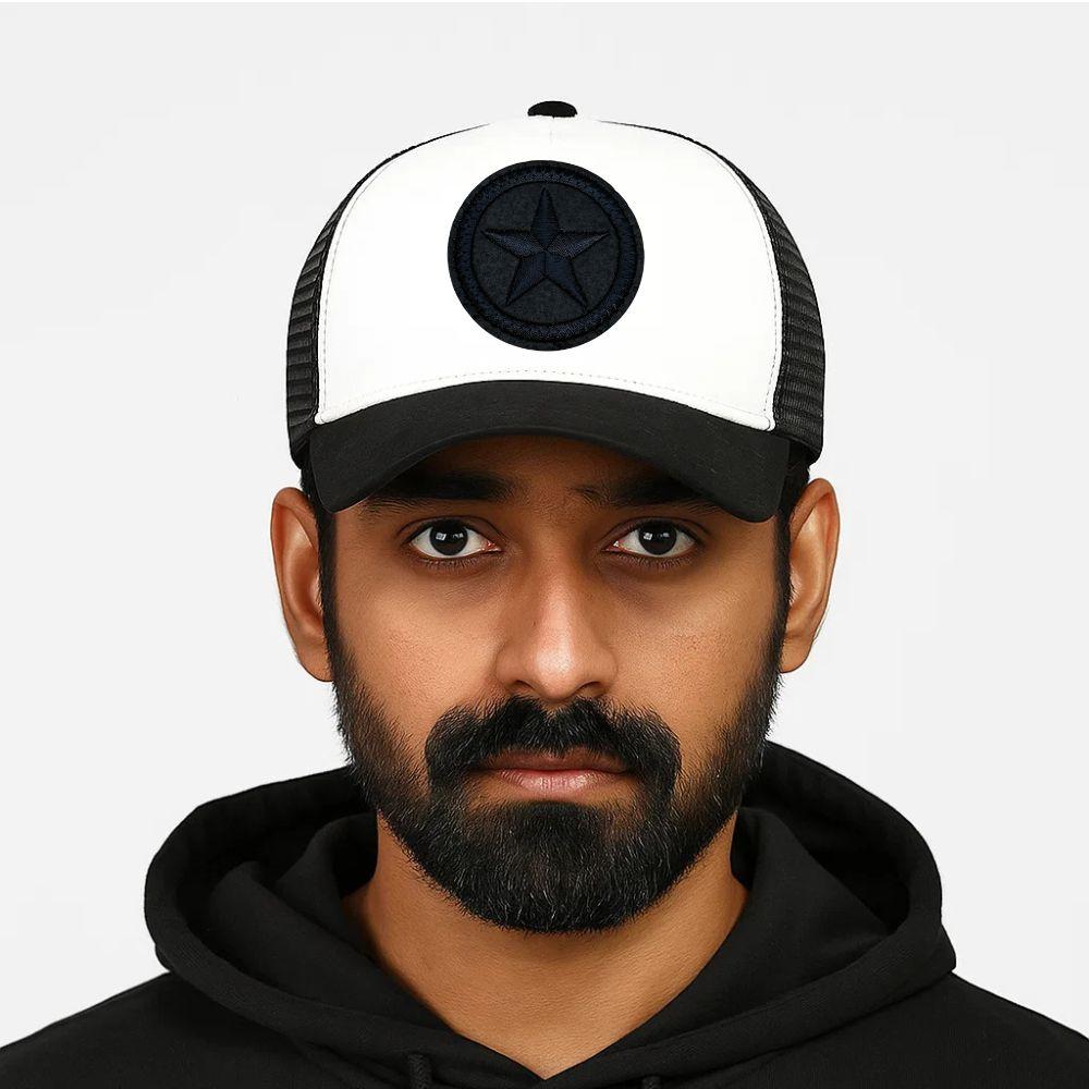 White & Black Navy Blue Star Logo Trucker Cap for Men & Women