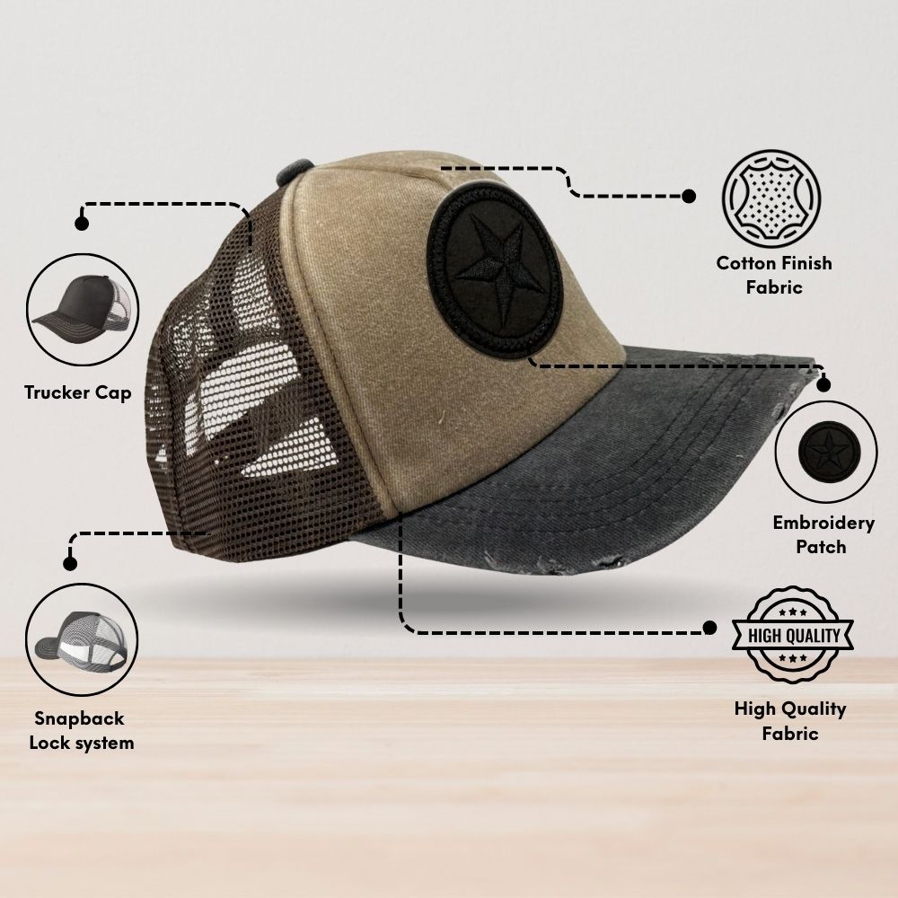 Brown & Charcoal Black Star Logo Trucker Cap for Men & Women