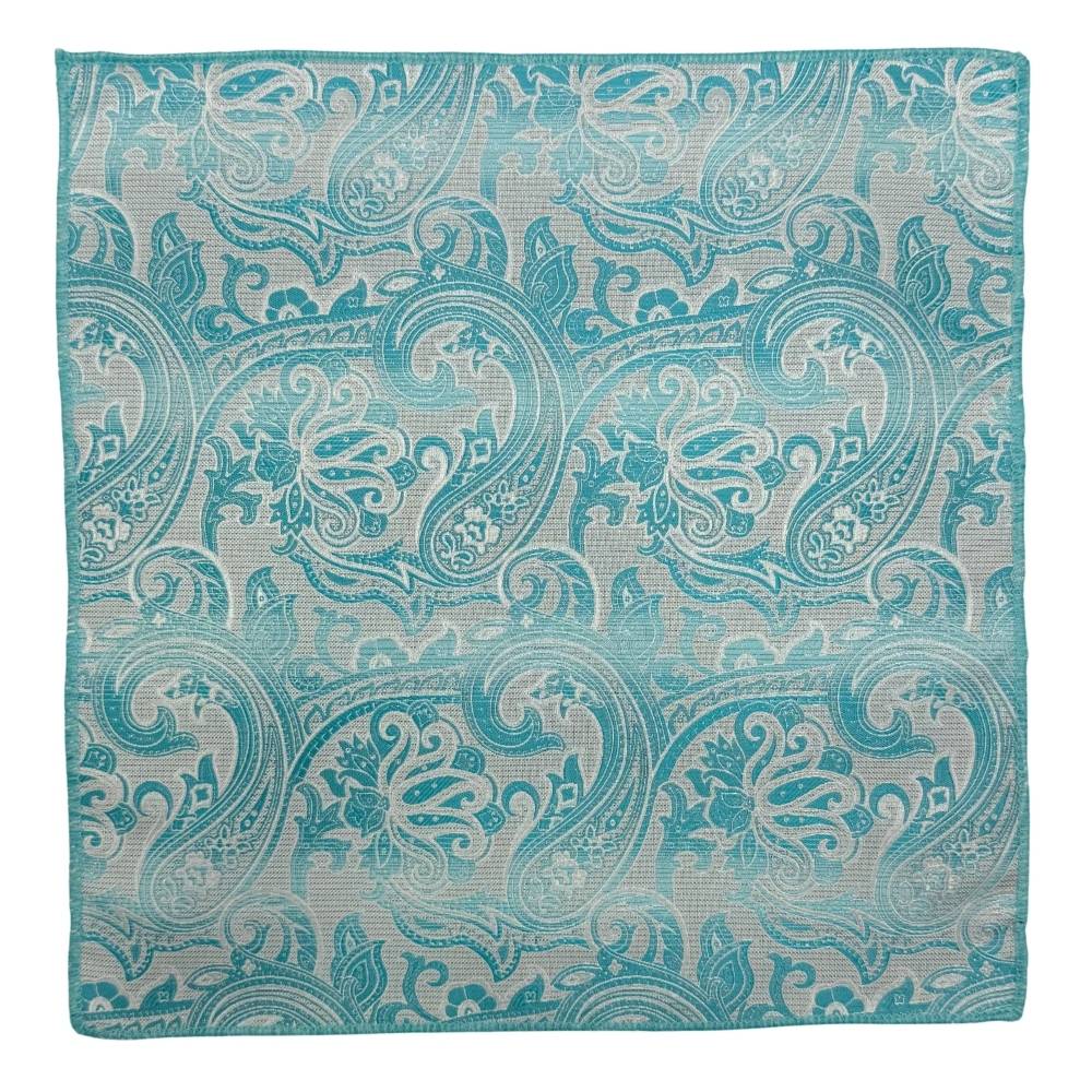 Teal & White Microfiber Pocket Square For Men with Paisley Design
