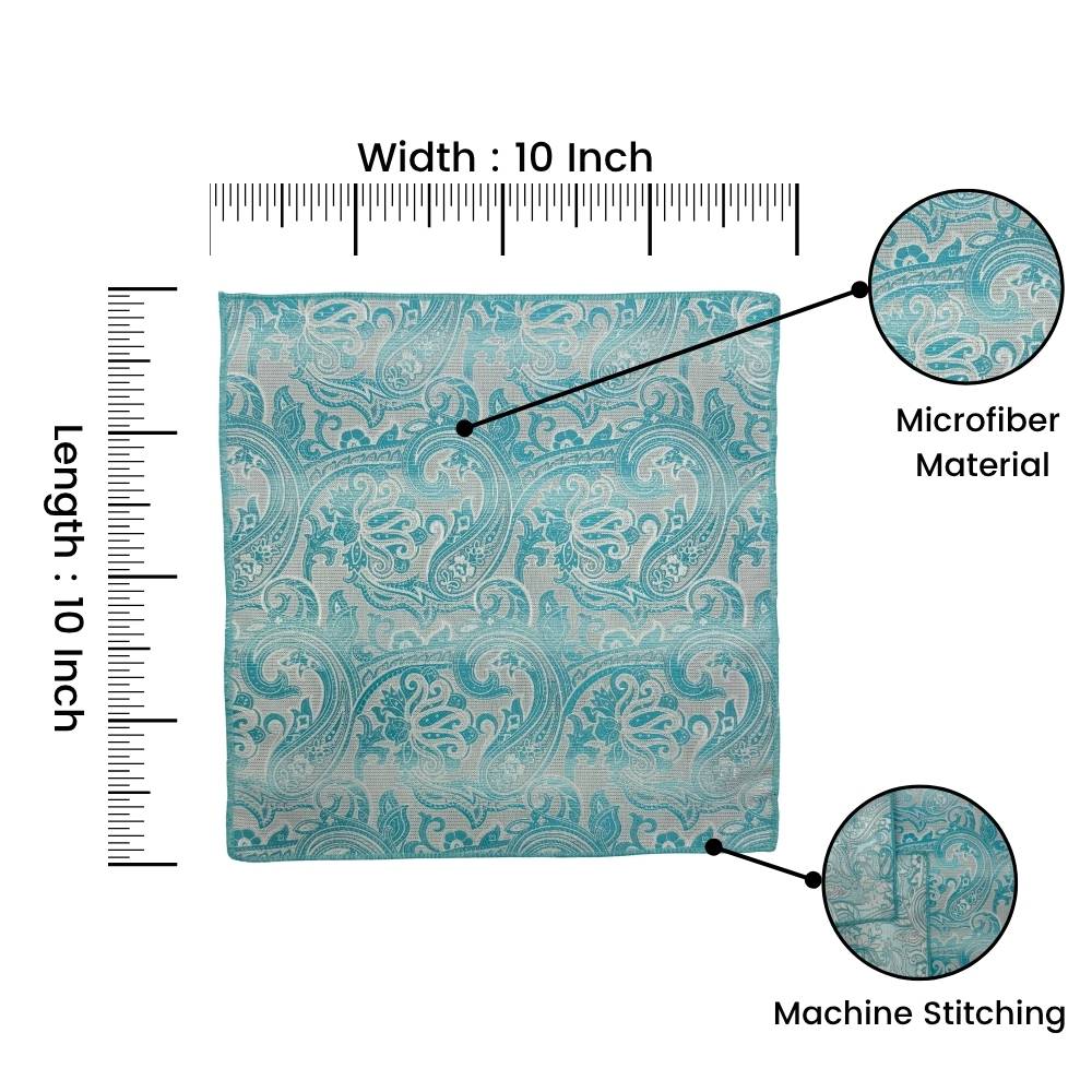 Teal & White Microfiber Pocket Square For Men with Paisley Design