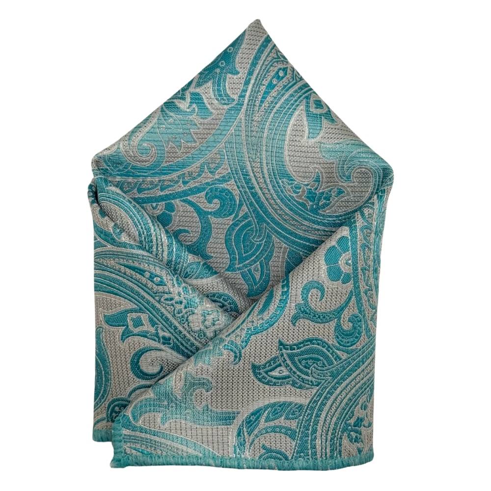 Teal & White Microfiber Pocket Square For Men with Paisley Design