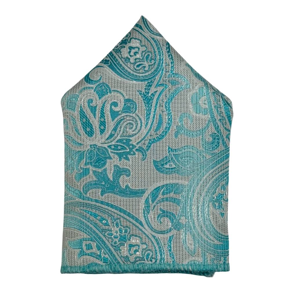 Teal & White Microfiber Pocket Square For Men with Paisley Design