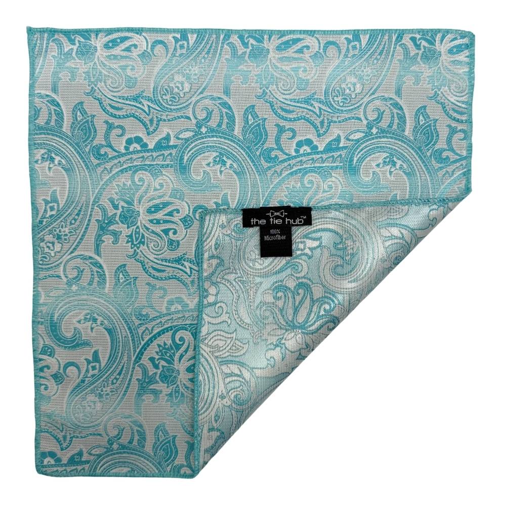 Teal & White Microfiber Pocket Square For Men with Paisley Design