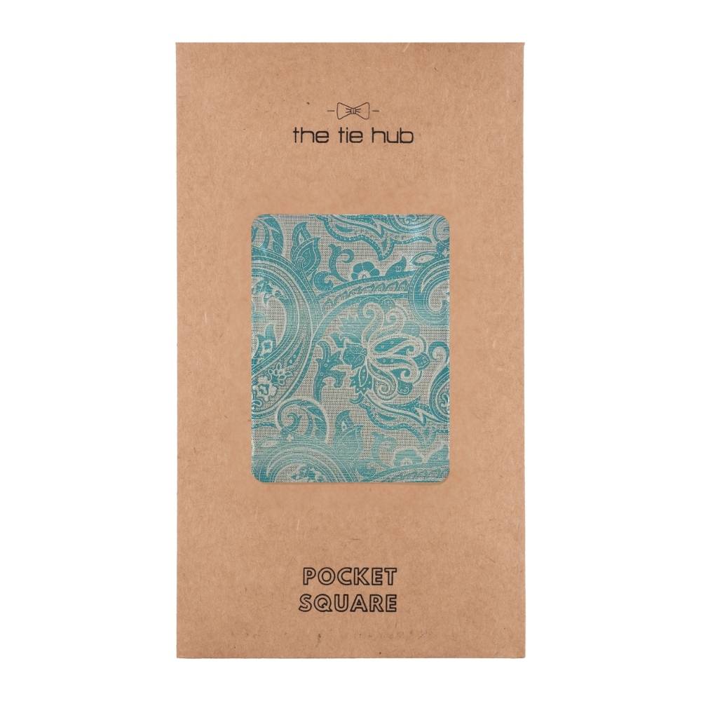 Teal & White Microfiber Pocket Square For Men with Paisley Design
