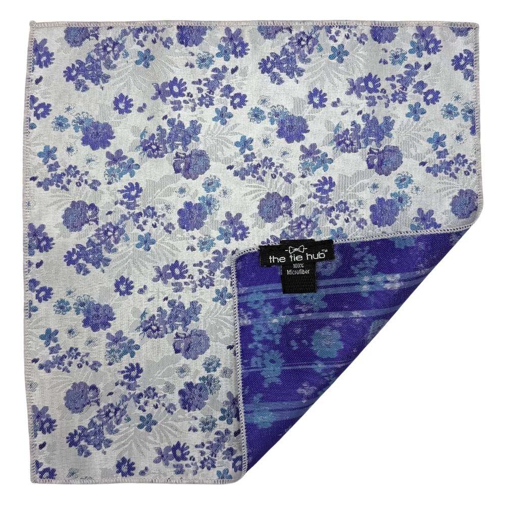 White Microfiber Pocket Square For Men with Purple Floral Design