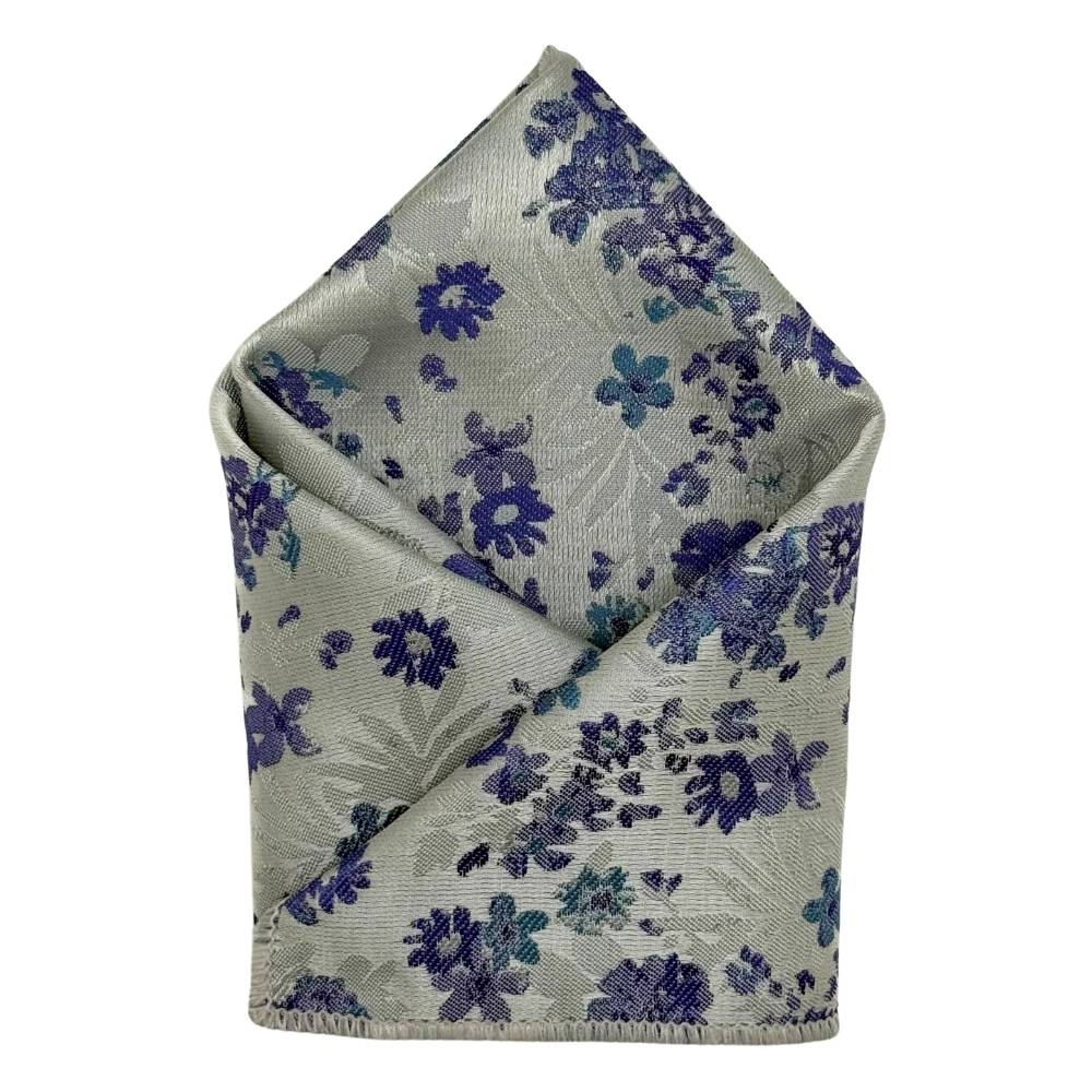 White Microfiber Pocket Square For Men with Purple Floral Design