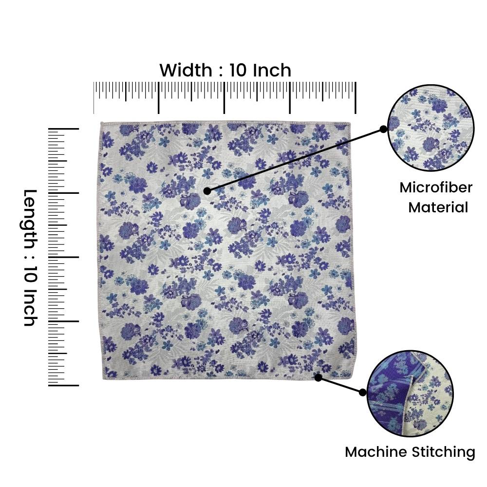 White Microfiber Pocket Square For Men with Purple Floral Design