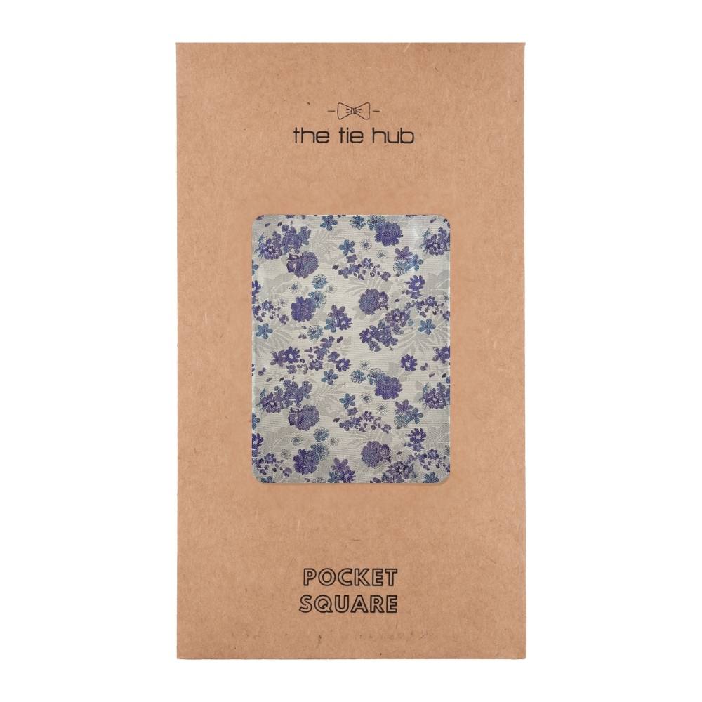 White Microfiber Pocket Square For Men with Purple Floral Design
