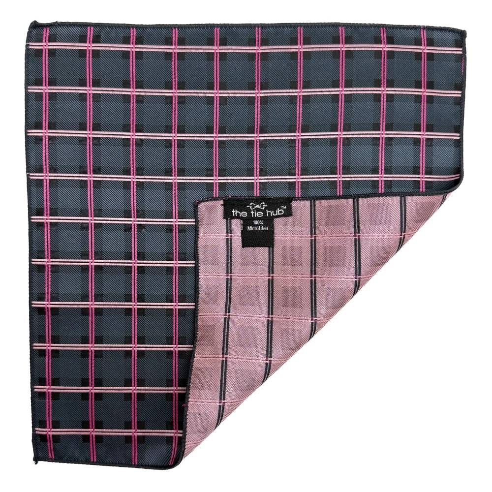 Black Microfiber Pocket Square For Men with Pink Checkered Design