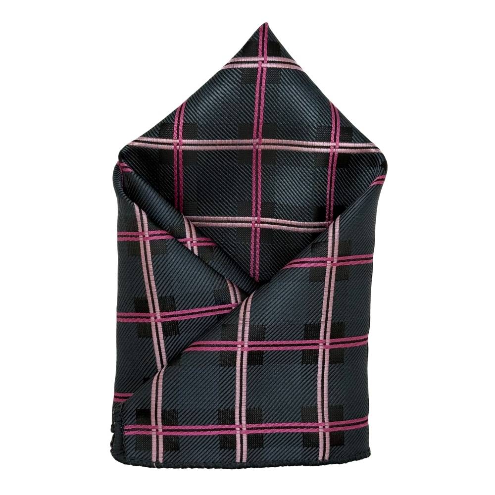 Black Microfiber Pocket Square For Men with Pink Checkered Design