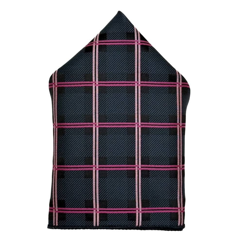 Black Microfiber Pocket Square For Men with Pink Checkered Design