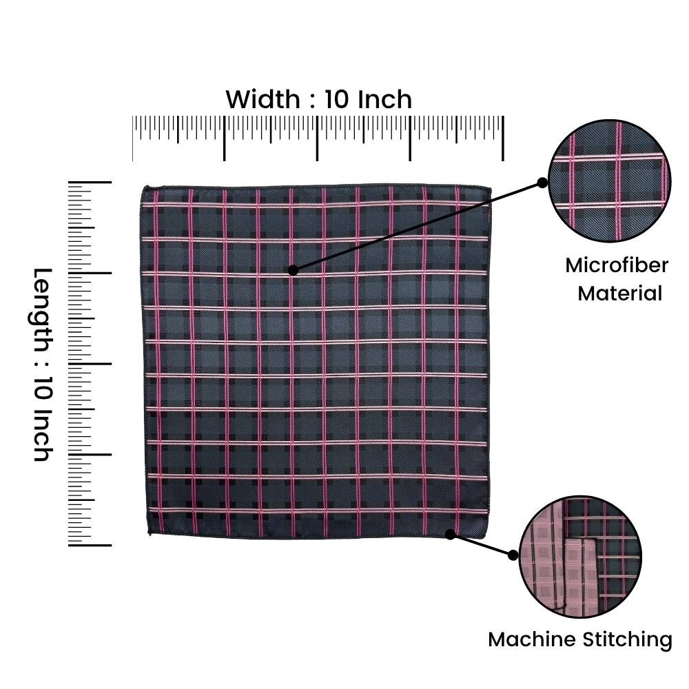 Black Microfiber Pocket Square For Men with Pink Checkered Design