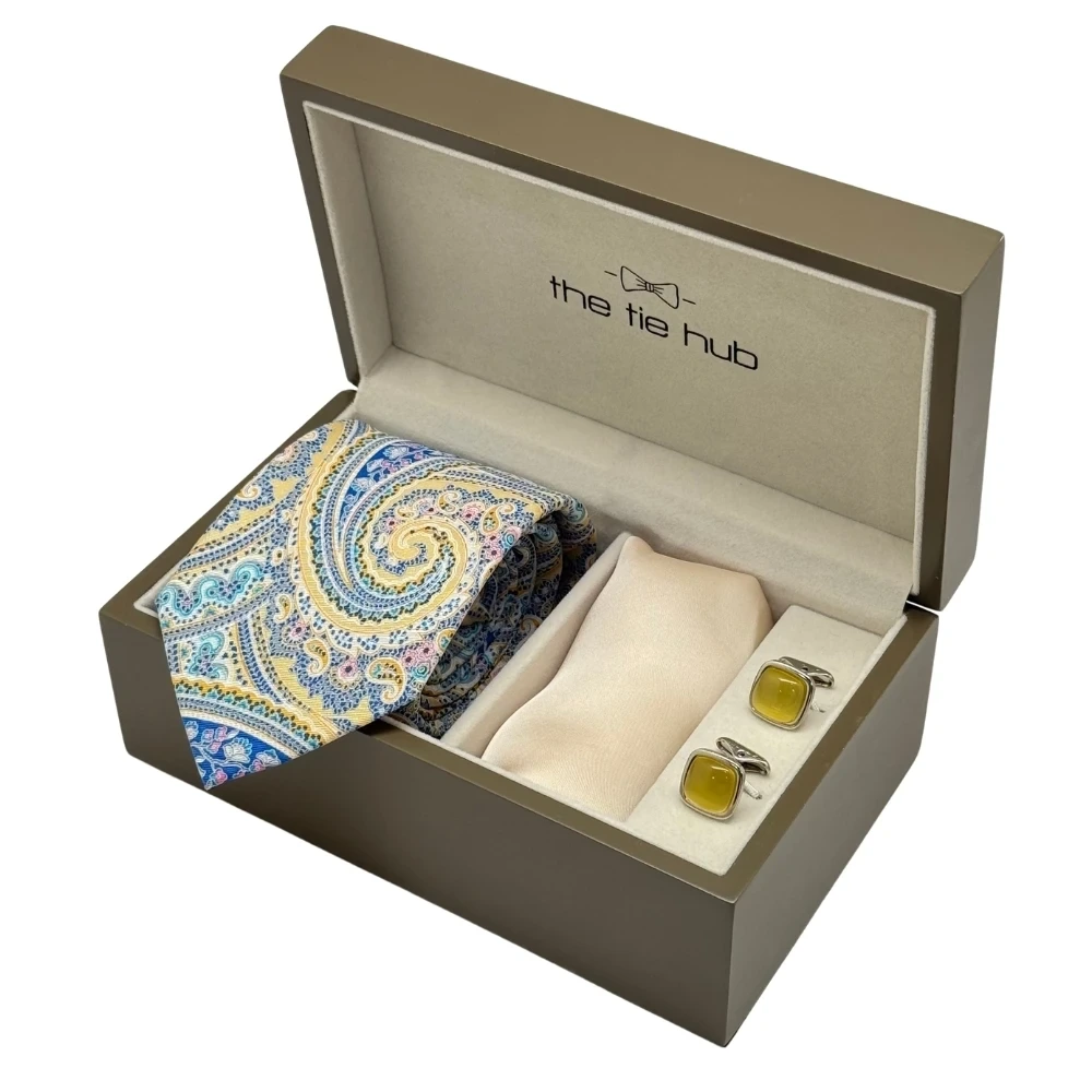 Yellow & Blue Paisley Necktie with Yellow Cufflinks & Beige Pocket SquareCombo For Men
