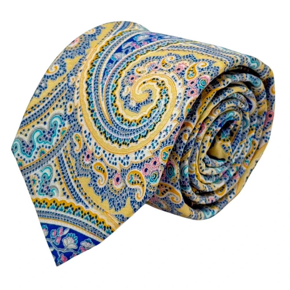 Yellow & Blue Paisley Necktie with Yellow Cufflinks & Beige Pocket SquareCombo For Men