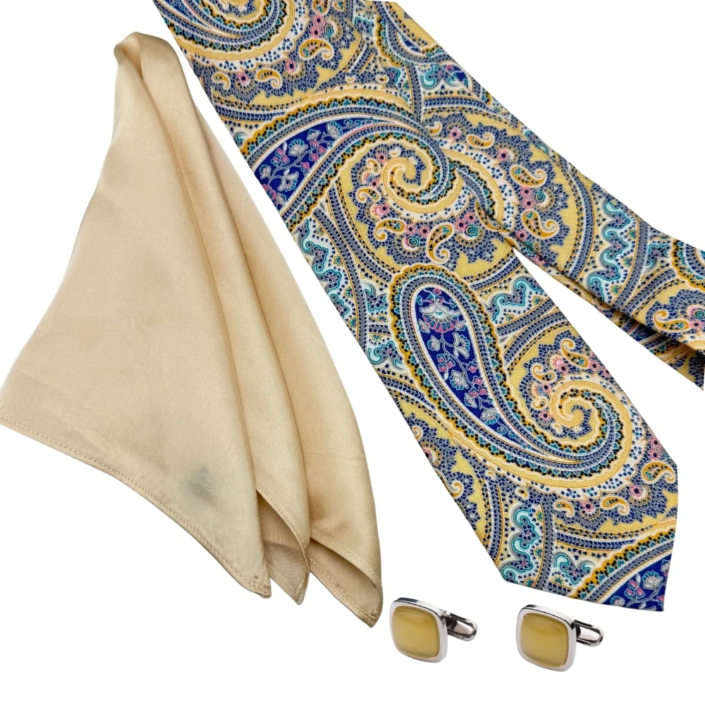 Yellow & Blue Paisley Necktie with Yellow Cufflinks & Beige Pocket SquareCombo For Men