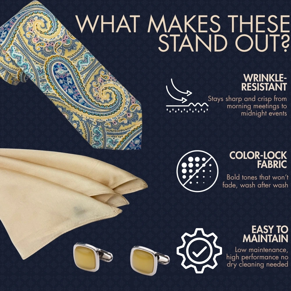 Yellow & Blue Paisley Necktie with Yellow Cufflinks & Beige Pocket SquareCombo For Men