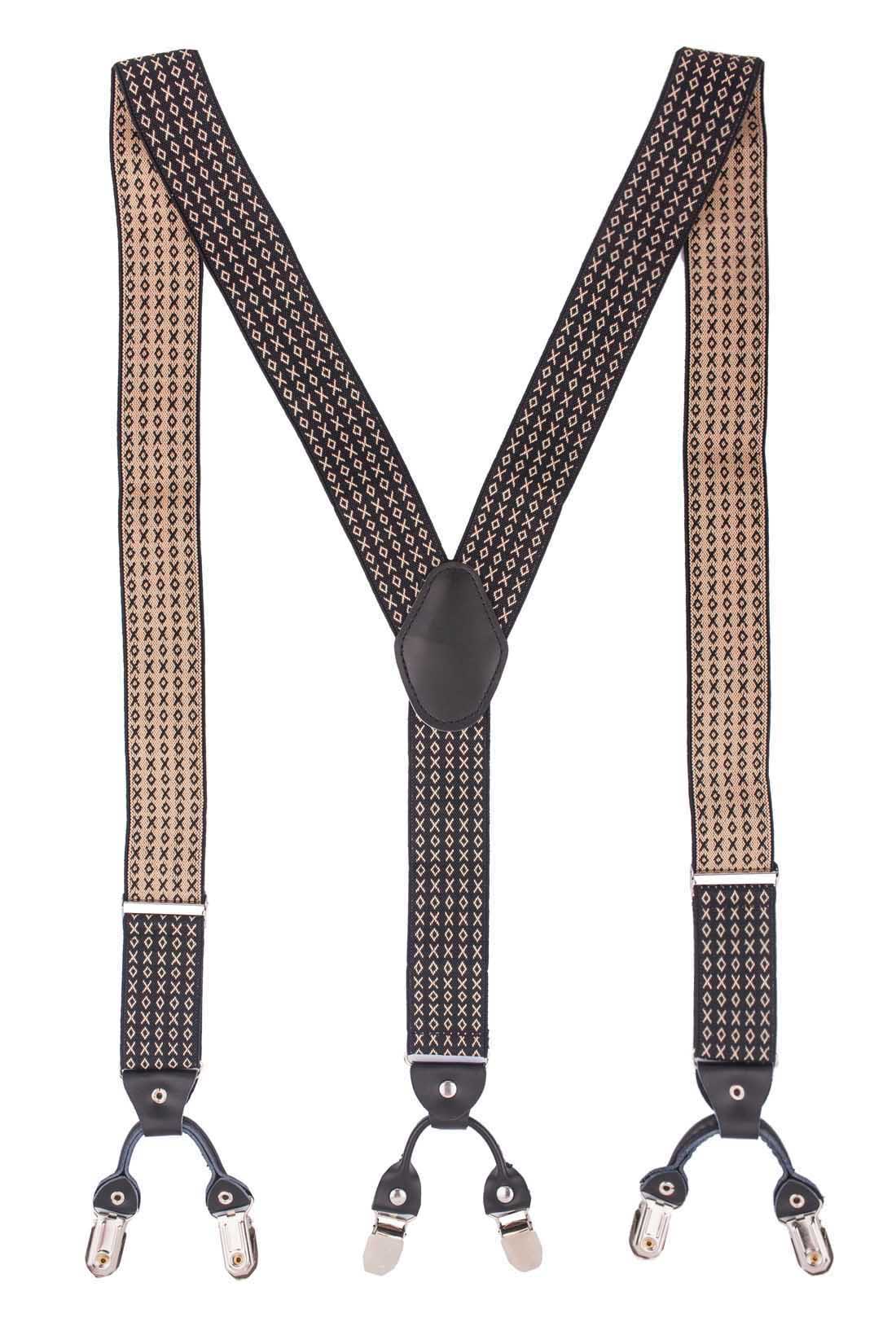 Tic Tac Toe Black and Off White Y Back Suspender and Black Solid Knitted Bow Tie