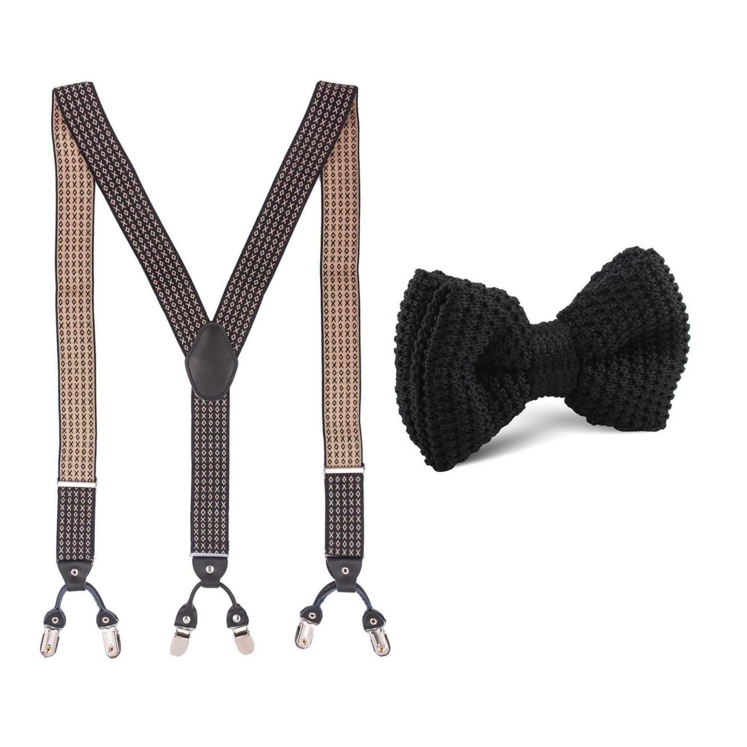 Tic Tac Toe Black and Off White Y Back Suspender and Black Solid Knitted Bow Tie