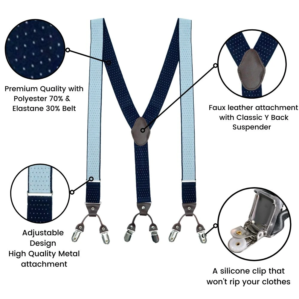 Navy Polka Dot Y-Back Clip-On Suspenders for Men