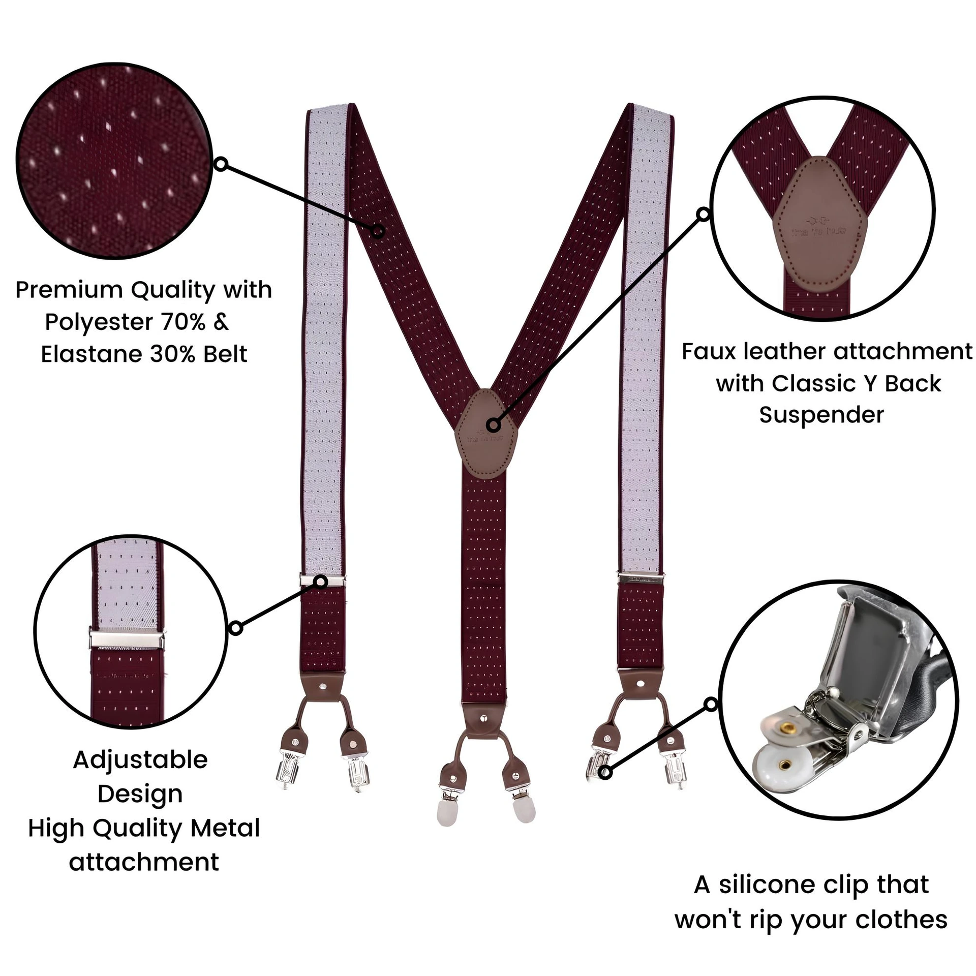Burgundy Polka Dot Y-Back Clip-On Suspenders for Men