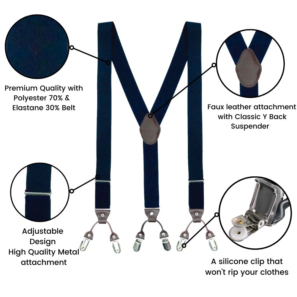 Navy Blue Y-Back Clip-On Suspenders for Men