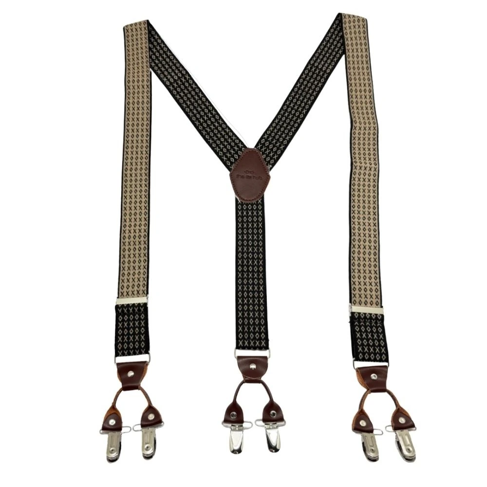 Black Geometric Y-Back Clip-On Suspenders for Men