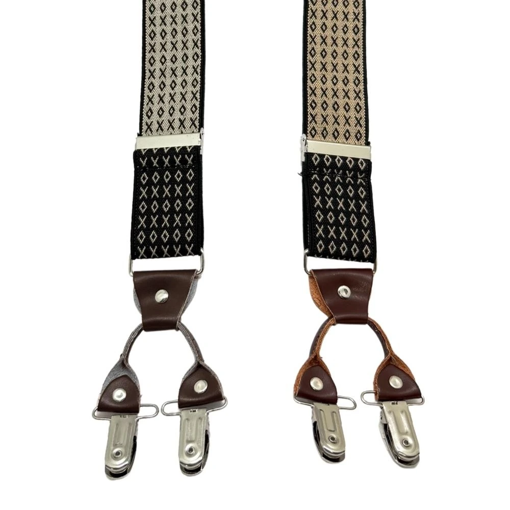 Black Geometric Y-Back Clip-On Suspenders for Men