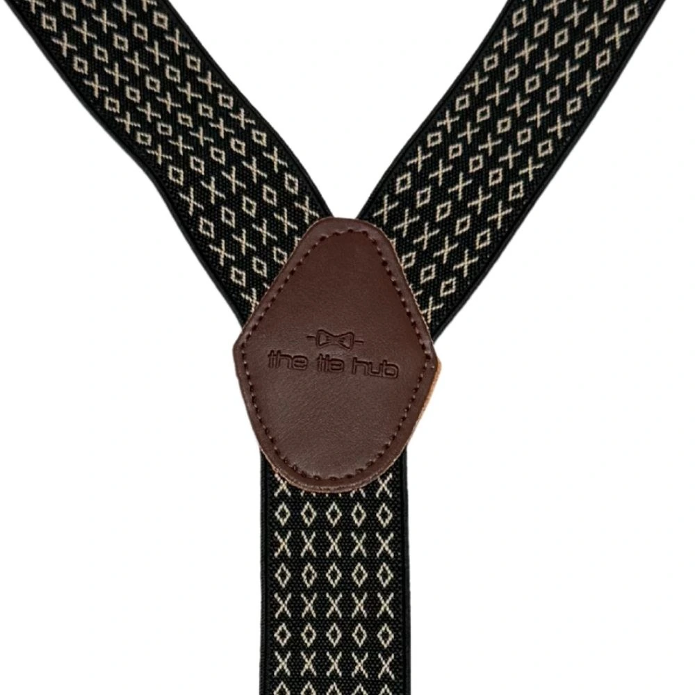 Black Geometric Y-Back Clip-On Suspenders for Men