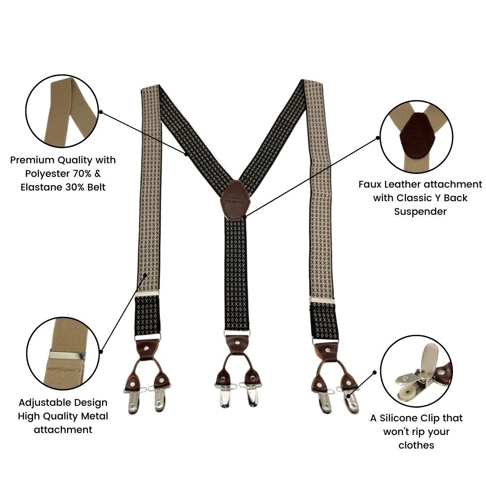 Black Geometric Y-Back Clip-On Suspenders for Men