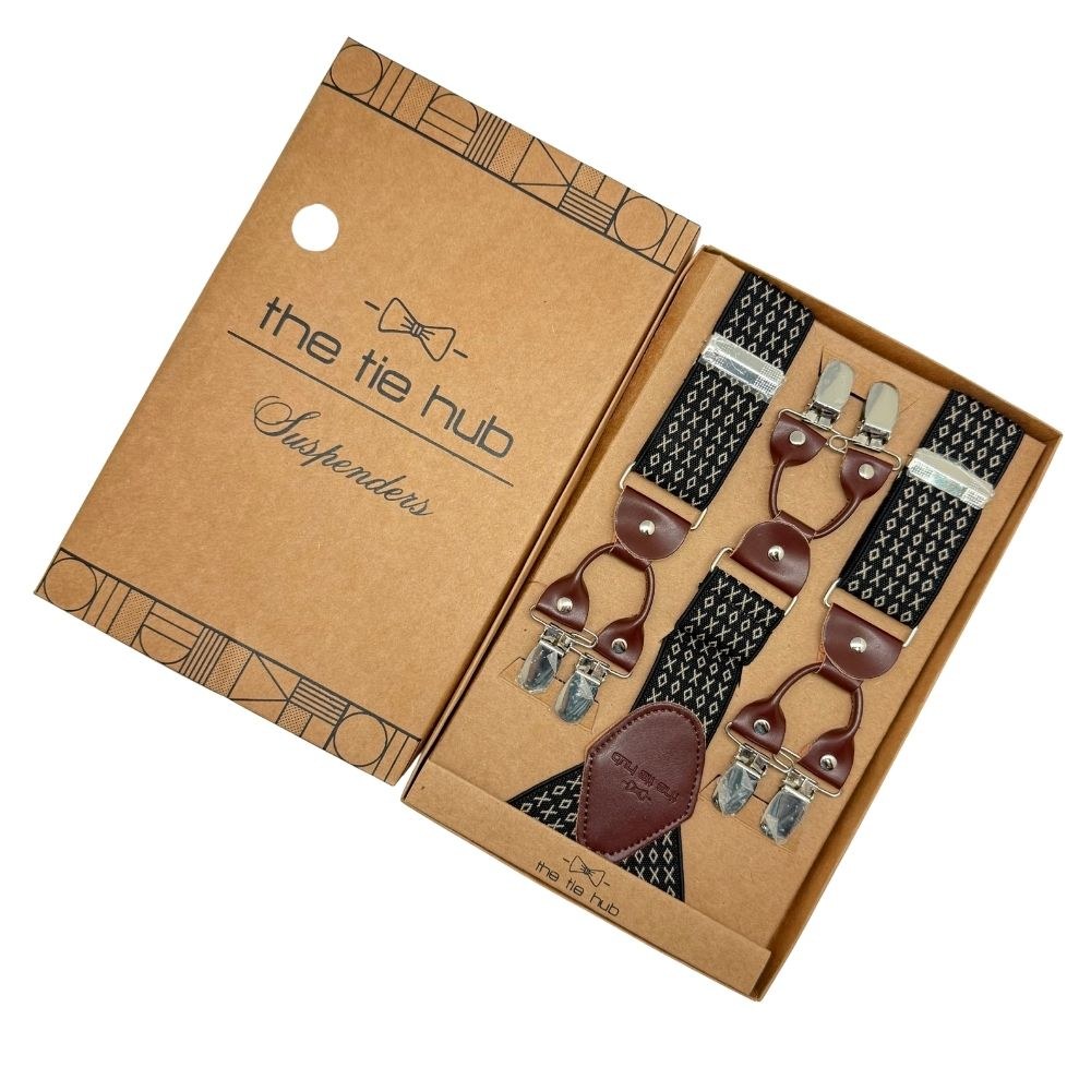 Black Geometric Y-Back Clip-On Suspenders for Men
