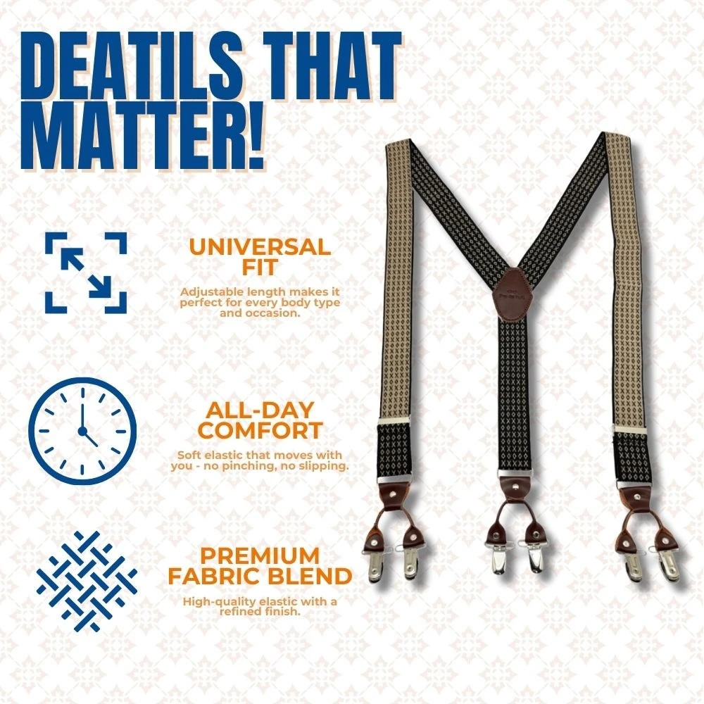 Black Geometric Y-Back Clip-On Suspenders for Men
