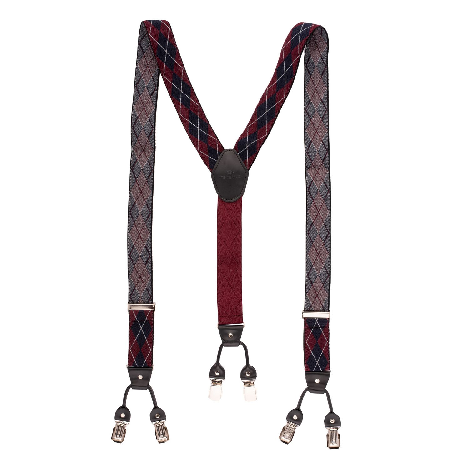 Burgundy Geometric Y-Back Clip-On Suspenders for Men