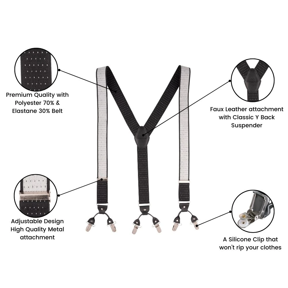 Black Polka Dot Y-Back Clip-On Suspenders for Men
