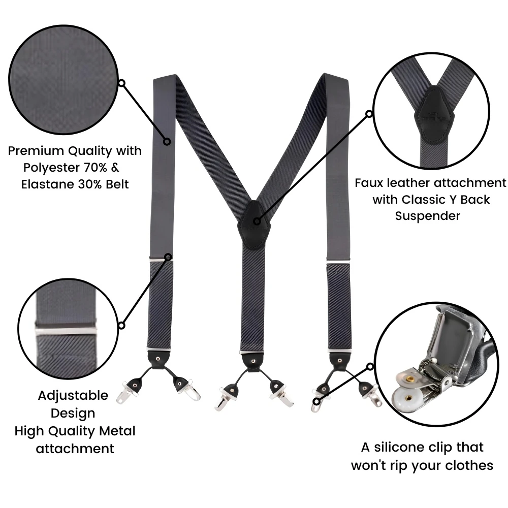Grey Y-Back Clip-On Suspenders for Men