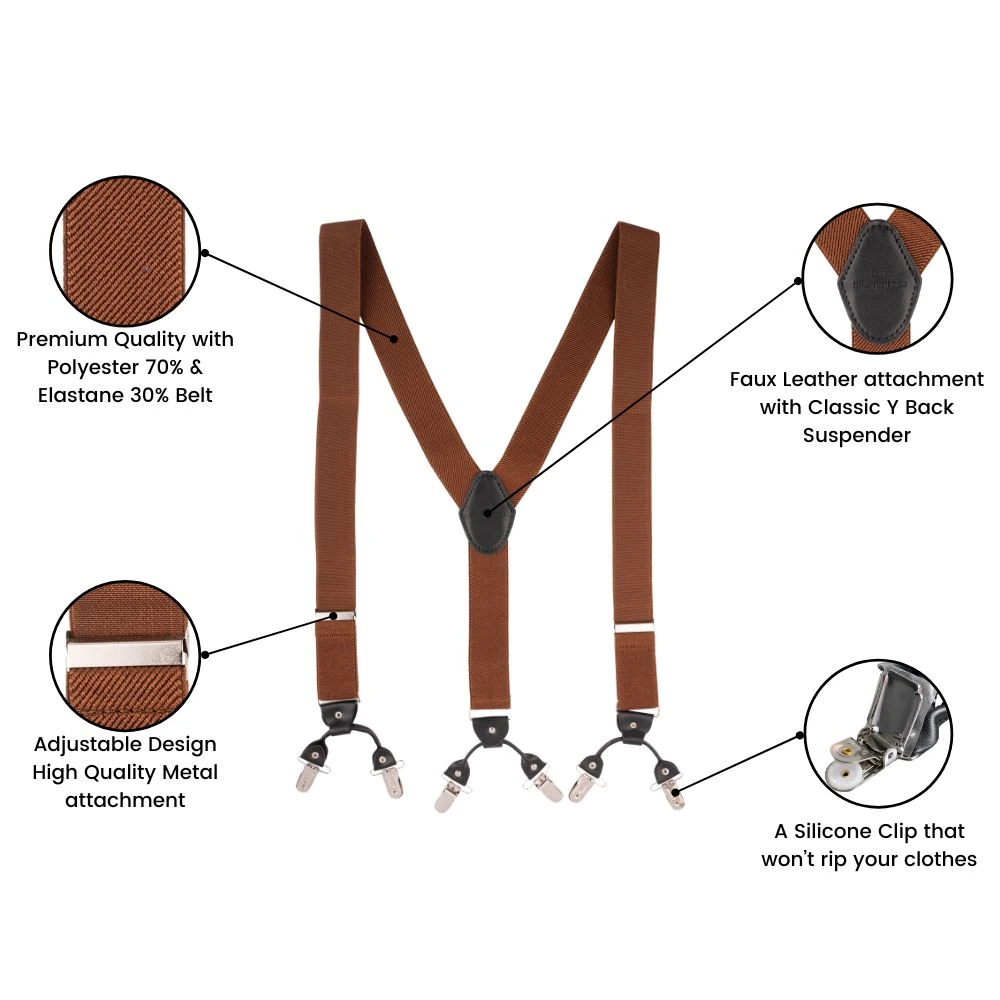 Brown Y-Back Clip-On Suspenders for Men