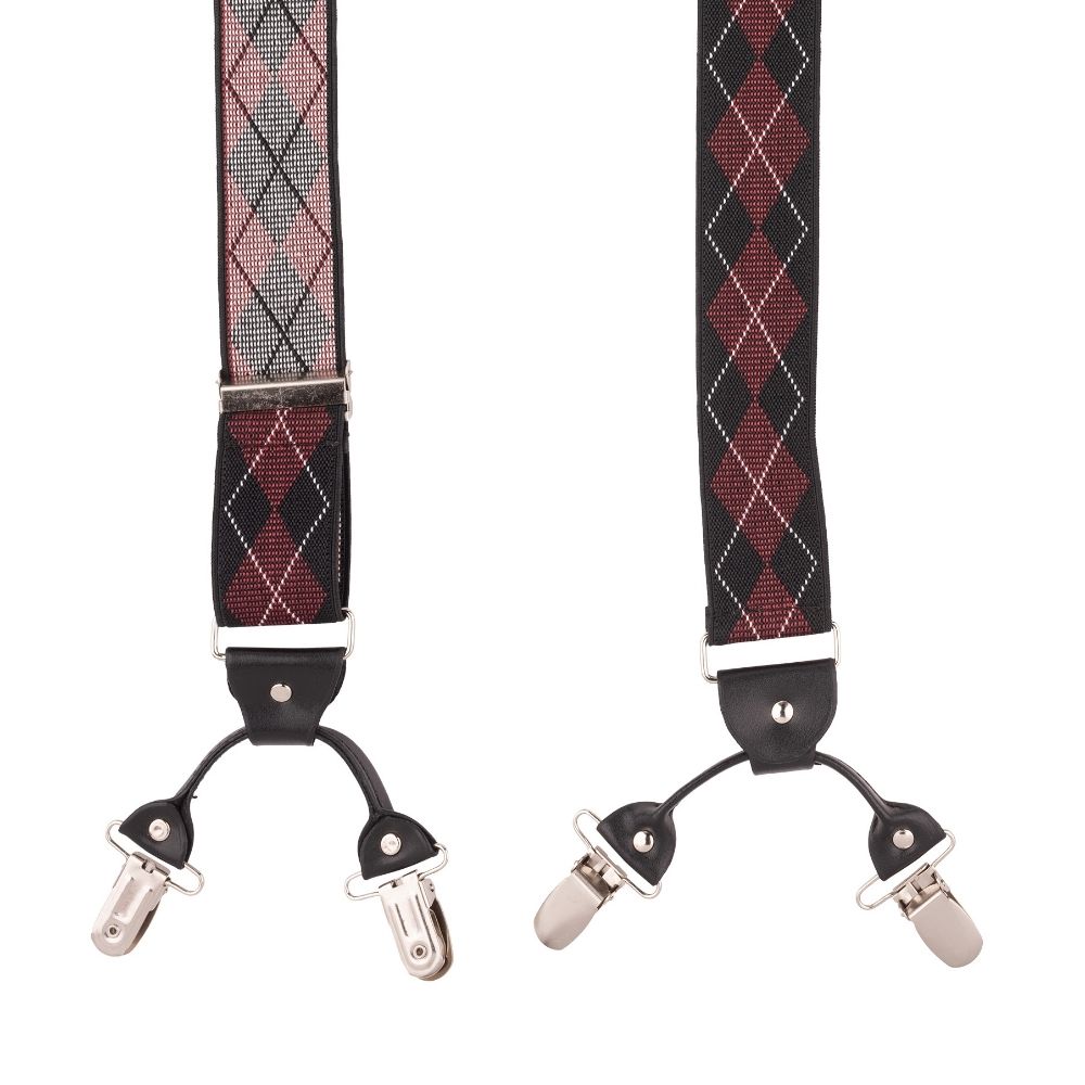 Burgundy Geometric Y-Back Clip-On Suspenders for Men