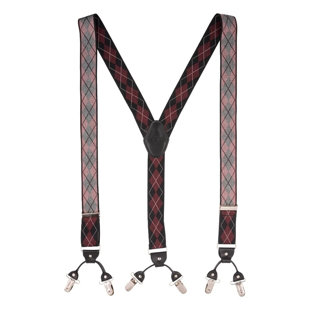 Burgundy Geometric Y-Back Clip-On Suspenders for Men