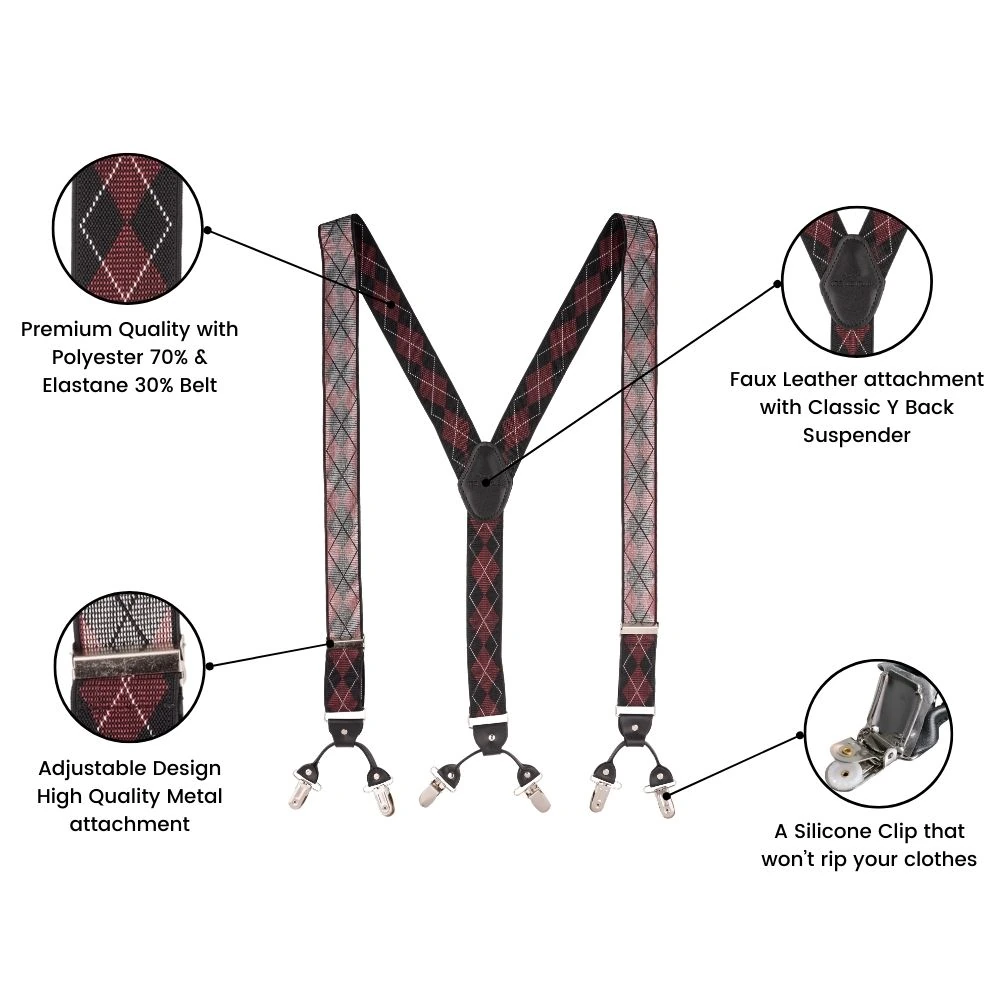 Burgundy Geometric Y-Back Clip-On Suspenders for Men