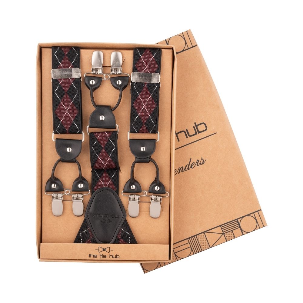 Burgundy Geometric Y-Back Clip-On Suspenders for Men